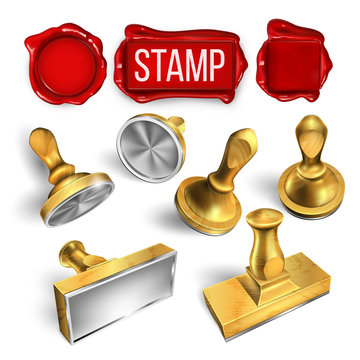 Collection Of Wax Seal And Stamp Cliche Set Vector. Different Form Round And Rectangular, Material Wooden And Metallic Stamp. Office Post Tool For Document And Mail Template Realistic 3d Illustration