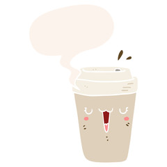 cartoon coffee cup and speech bubble in retro style