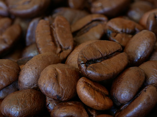 Close-up of Roasted Coffee Beans, Background With Selected Focus
