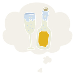 cartoon champagne bottle and glass and thought bubble in retro style