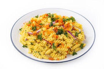 pasta fusilli with vegetable in Herb sauce on white background