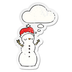 cartoon snowman and thought bubble as a distressed worn sticker
