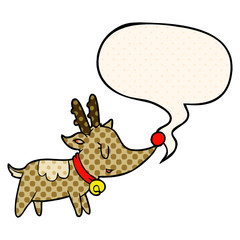 cartoon christmas reindeer and speech bubble in comic book style