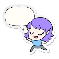 carton happy elf girl dancing and speech bubble sticker