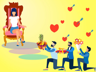 Valentine Day, offering gifts to women. In minimalist style. Flat isometric raster on yellow background