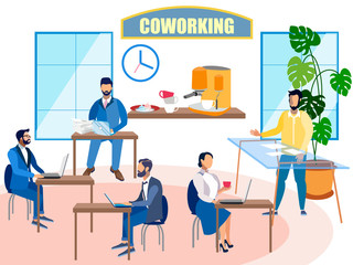 Interior coworking. People work. In minimalist style. Flat isometric raster