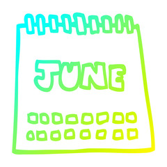 Fototapeta premium cold gradient line drawing cartoon calendar showing month of june