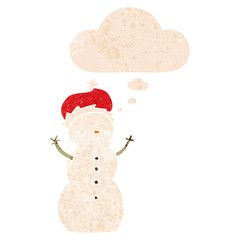 cartoon snowman and thought bubble in retro textured style