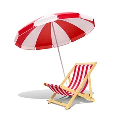Foto op Canvas Beach chaise longue and sunshade for summer rest. Wooden deck chair. Vacation accessory. Summertime relax. Relaxation equipment. Isolated on white background. Eps10 vector illustration. © aleksangel