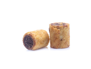 sweet dessert chocolate biscuit roll isolated on white background