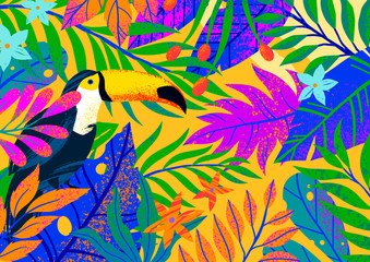 Universal vector illustration with tropical leaves,flowers and toucan.Multicolor plants with hand drawn texture.Artistic background perfect for web,prints,flyers,banners,invitations,social media.