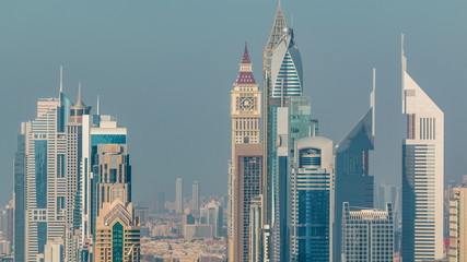 Skyscrapers on Sheikh Zayed Road and DIFC aerial timelapse in Dubai, UAE.