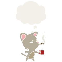 cartoon cat with coffee and cigar and thought bubble in retro style