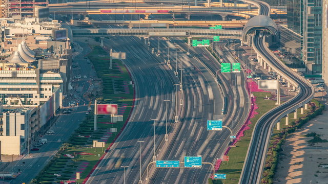 Sheikh Zayed Road at intersection of Hessa Street aerial timelapse, Dubai, United Arab Emirates.