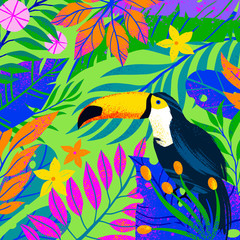 Universal vector illustration with tropical leaves,flowers and toucan.Multicolor plants with hand drawn texture.Artistic background perfect for web,prints,flyers,banners,invitations,social media.