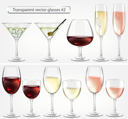 Set of transparent vector glass goblets for wine bar. Drinks of wine, brandy, champagne, martini