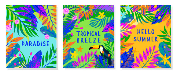 Set of summer vector illustration with bright tropical leaves,flowers and toucan.Multicolor plants with hand drawn texture.Exotic backgrounds perfect for prints,flyers,banners,invitations,social media