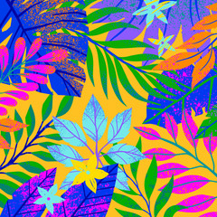 Universal vector illustration with tropical leaves,flowers and elements.Multicolor plants with hand drawn texture.Artistic background perfect for web,prints,flyers,banners,invitations,social media.