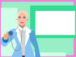 Woman doctor cardiologist with a tablet in hand points to a poster, white square. Cartoon vector flat