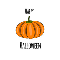 Happy Halloween card with cute pumpkin. Vector illustration isolated on white background. EPS 10.