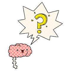 cartoon curious brain and speech bubble in comic book style