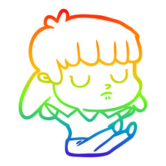 rainbow gradient line drawing cartoon indifferent woman sitting