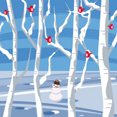 Winter landscape with a snowman with birds sitting on trees