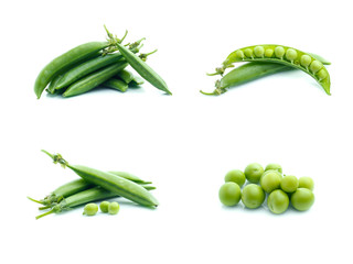 Collection of fresh green peas on white