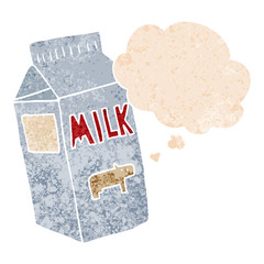cartoon milk carton and thought bubble in retro textured style