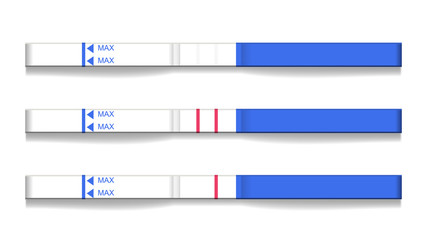 Classic Carton Stick Pregnancy Test Set Vector. Woman Device For Rapid Pregnancy Analysis At Early Stage Widely Available. Positive Negative Result Red Lines. Mockup Realistic 3d Illustration