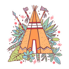 Native American tipi with succulents, plants and weapons on background. Vector hand drawn outline color doodle sketch illustration © Alexandra