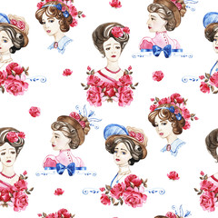 Watercolor floral pattern with gently pink English rose and spring flowers. Vintage seamless pattern.