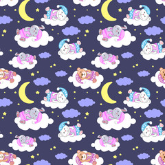 cute sleeping animals vector seamless pattern