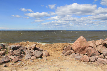 Large waves of sea and stones beach
