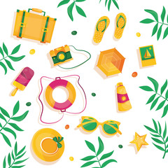 Modern vector illustration of Hello summer. Tropical plants with sunglasses, ice cream, starfish, camera, beach umbrella. Template for banners, posters, postcards and for seasonal vacation.