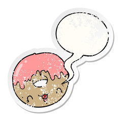 cute cartoon donut and speech bubble distressed sticker