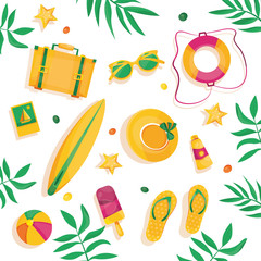 Modern vector illustration of Hello summer. Tropical plants with sunglasses, ice cream, starfish, camera, beach umbrella. Template for banners, posters, postcards and for seasonal vacation.