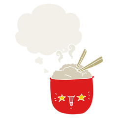 cartoon rice bowl with face and thought bubble in retro style