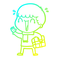 cold gradient line drawing laughing cartoon man with present