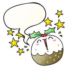 cute cartoon happy christmas pudding and speech bubble in smooth gradient style