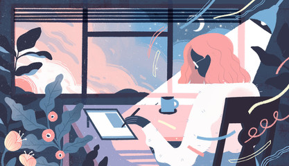 Illustration of woman working on digital tablet