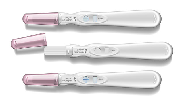 Modern Plastic Pregnancy Test With Cap Set Vector. Medical Device For Determine Signs Of Pregnancy Woman. Positive Negative Result Control Lines Plus And Minus. Template Realistic 3d Illustration