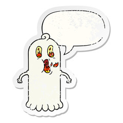 cartoon ghost and flaming eyes and speech bubble distressed sticker