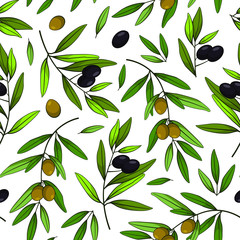Seamless pattern with olives. Vector branches, leaves, black and green olives. Design for labels, wrappers, textiles, web design. Isolated on white.