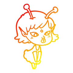 warm gradient line drawing pretty cartoon alien girl