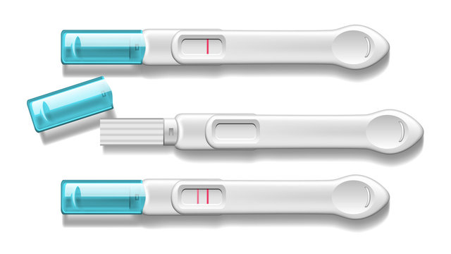 Plastic Pregnancy Test With Blue Cap Set Vector. Device Allowing Urinoscopy And Determine Signs Of Pregnancy Woman At Early Stage. Positive Negative Result Red Lines. Realistic 3d Illustration