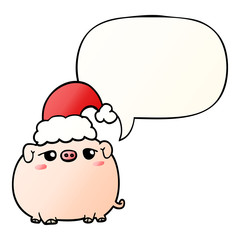 cartoon pig wearing christmas hat and speech bubble in smooth gradient style
