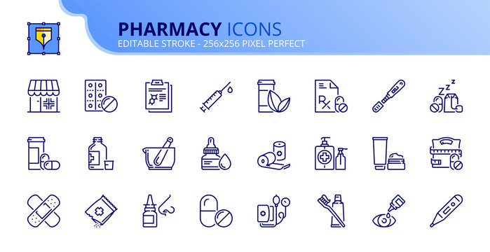 Simple set of outline icons about pharmacy