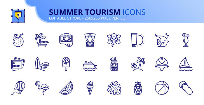 Simple set of outline icons about summer tourism