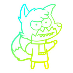 cold gradient line drawing cartoon grinning fox in winter clothes
